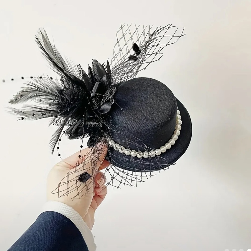 New Black Hat with Pearls & Flower Hair Clip